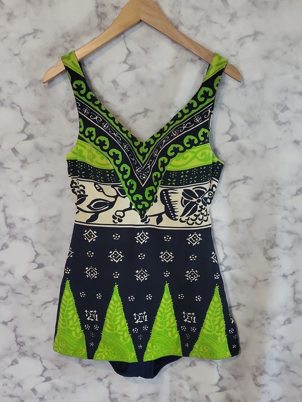 Girls Green & Navy Patterned One-Piece Swimsuit